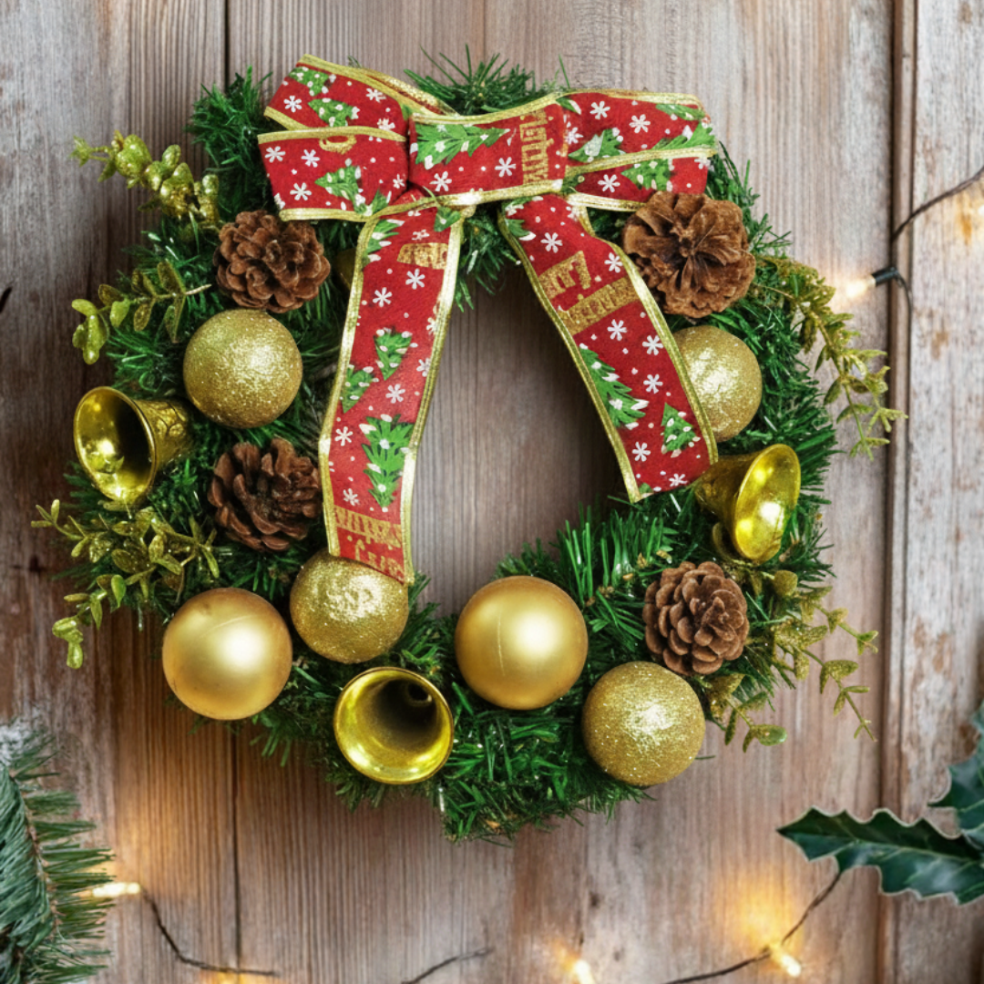 Elegant Golden Bell & Pinecone Christmas Wreath - Memories Insite